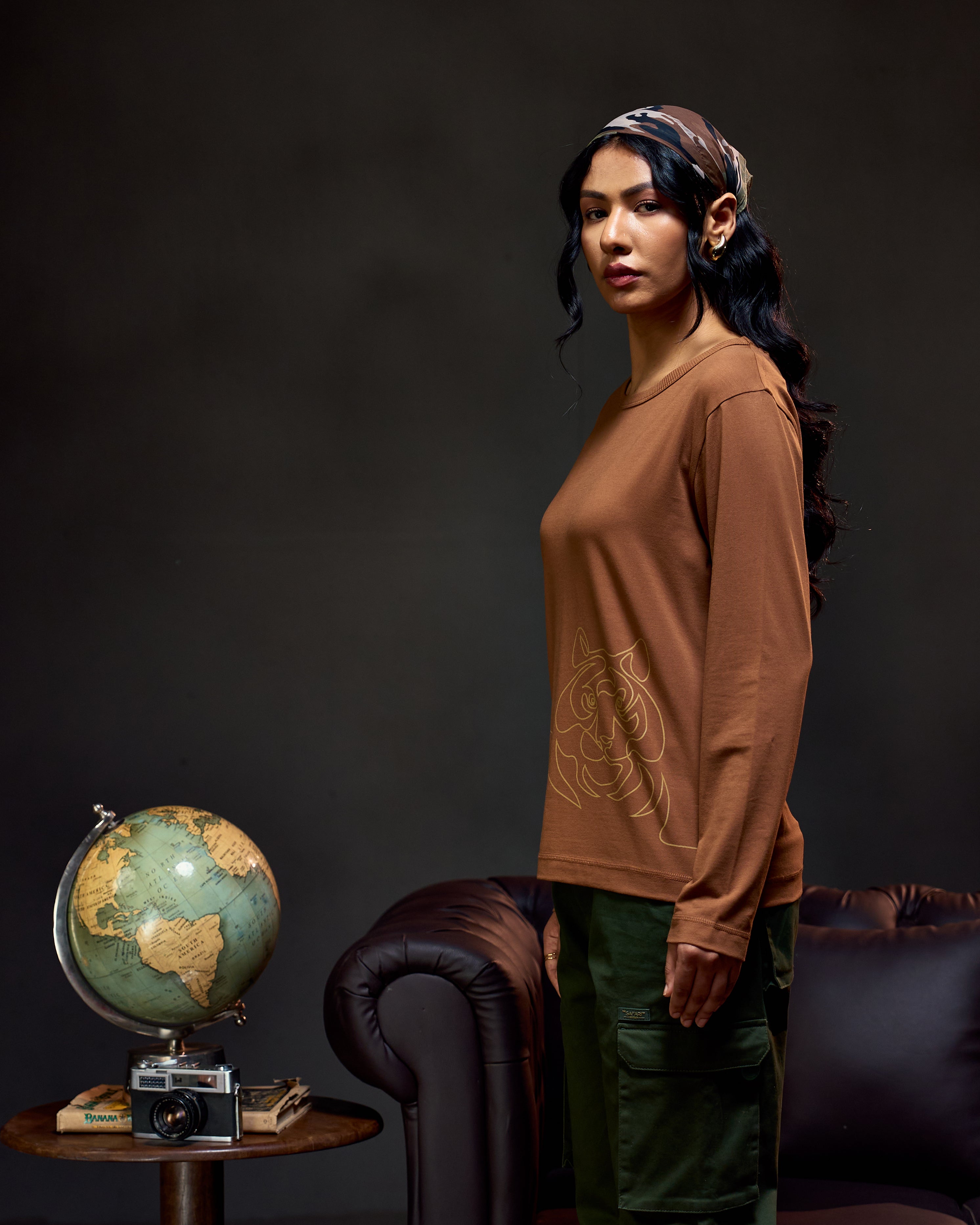 Crouching Tiger - Full Sleeves Women's Tee in Bark Brown
