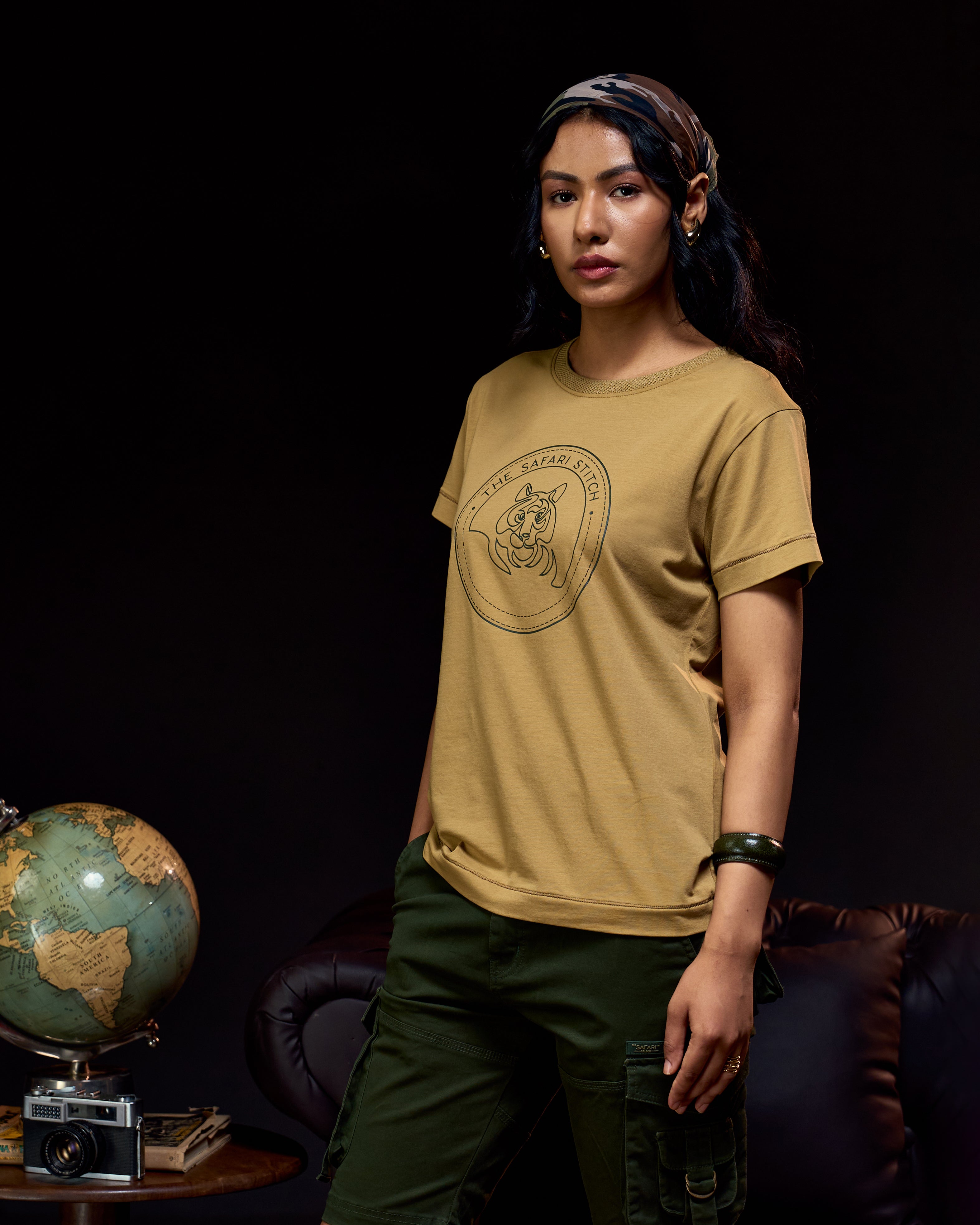 Gazing Tiger - Women's Safari Tee in Jungle Khaki