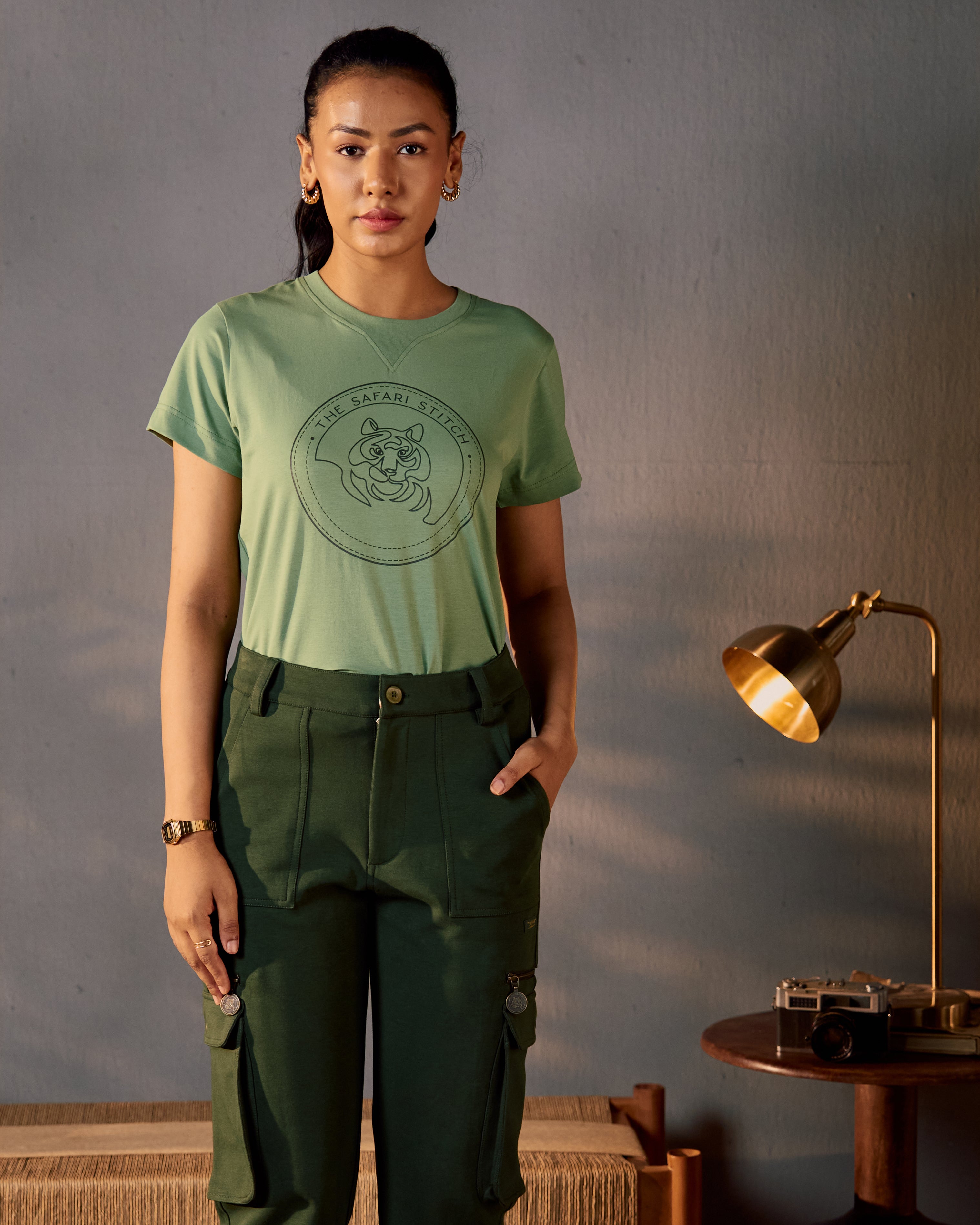Gazing Tiger - Ribbed Neck Women's Tee in Sal Green