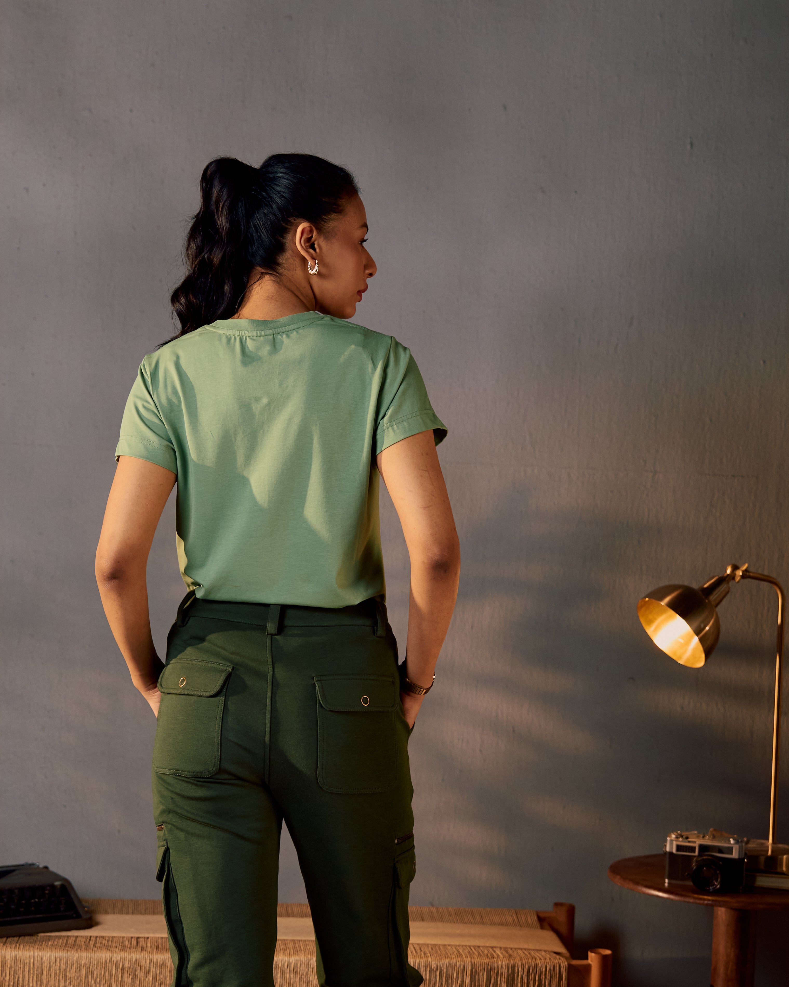 Gazing Tiger - Ribbed Neck Women's Tee in Sal Green