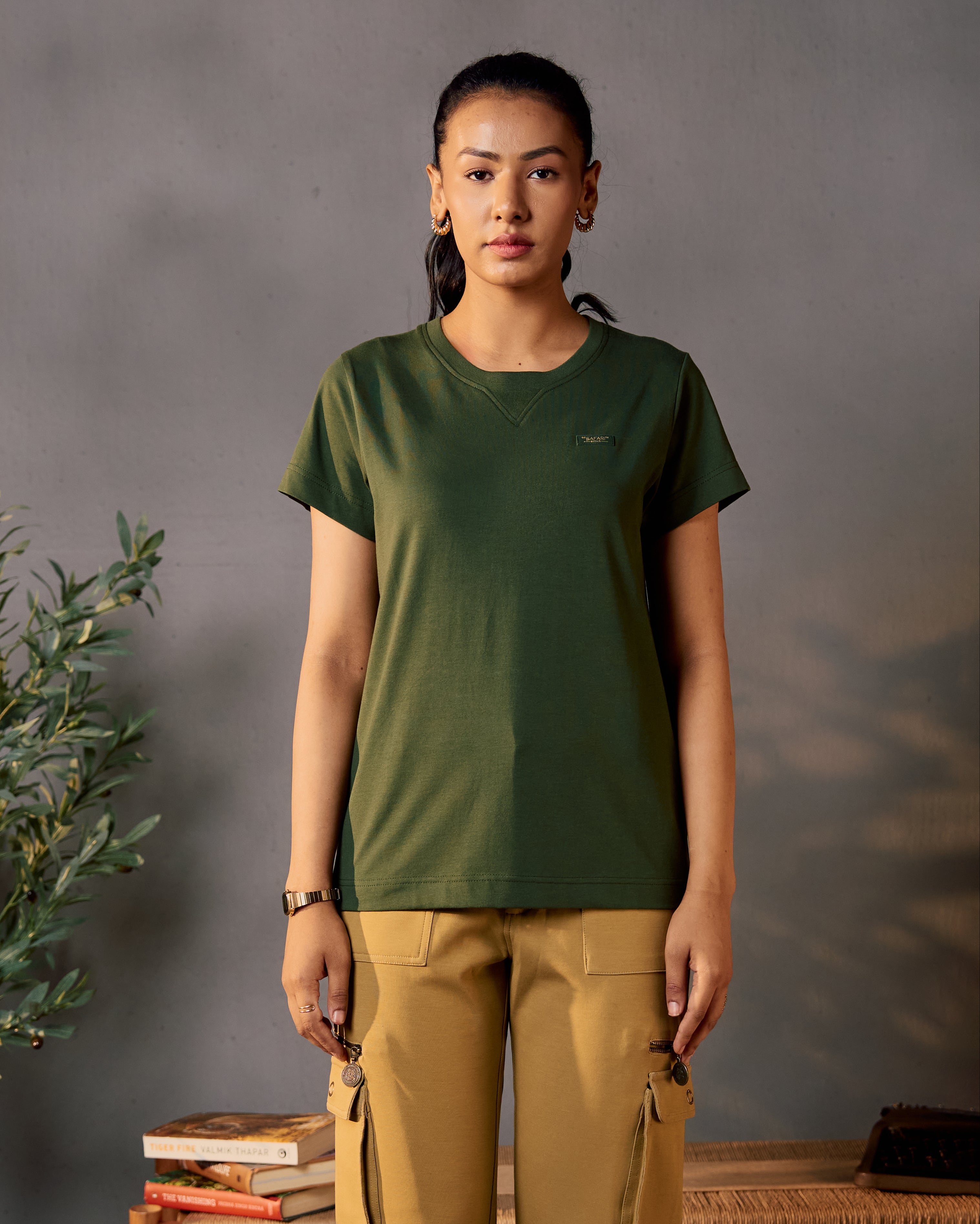 Gazing Tiger - Ribbed Neck Women's Tee in Kombu Green
