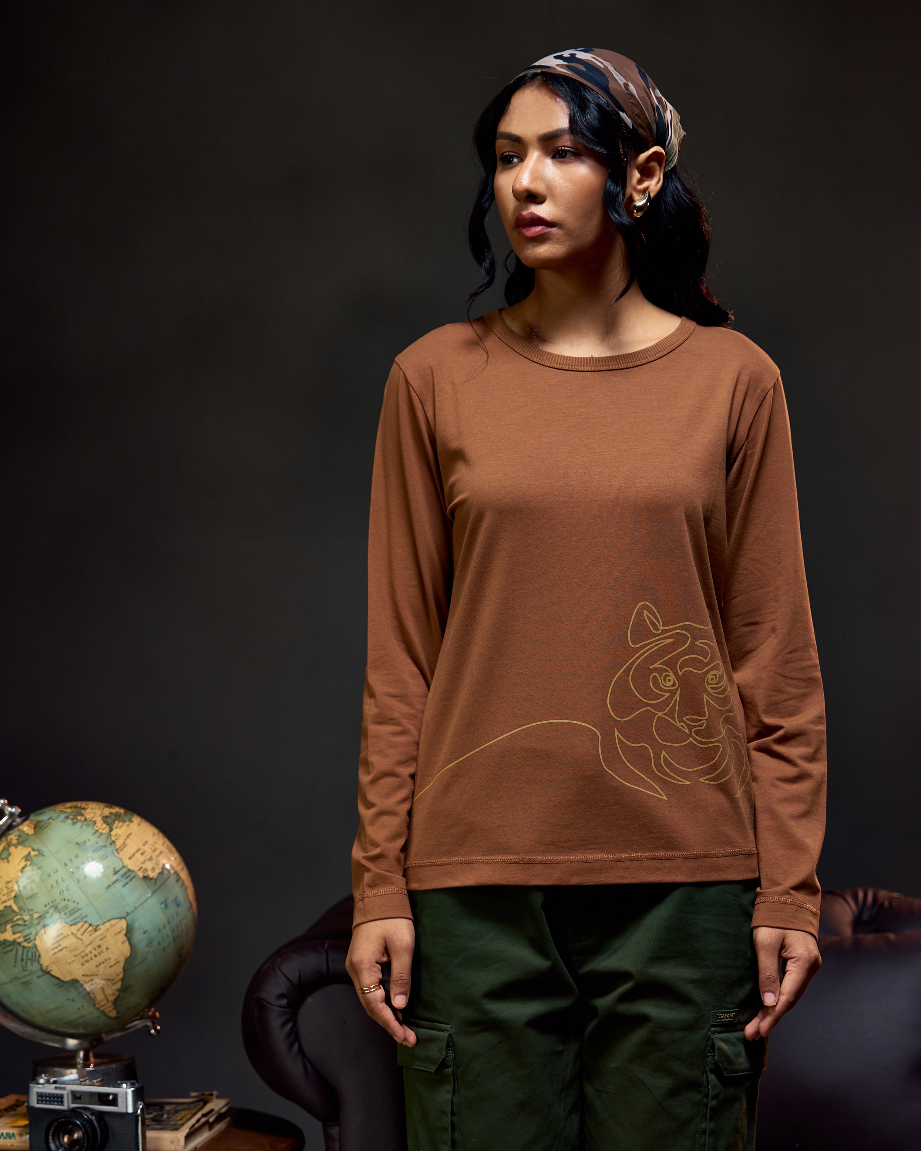 Crouching Tiger - Full Sleeves Women's Tee in Bark Brown