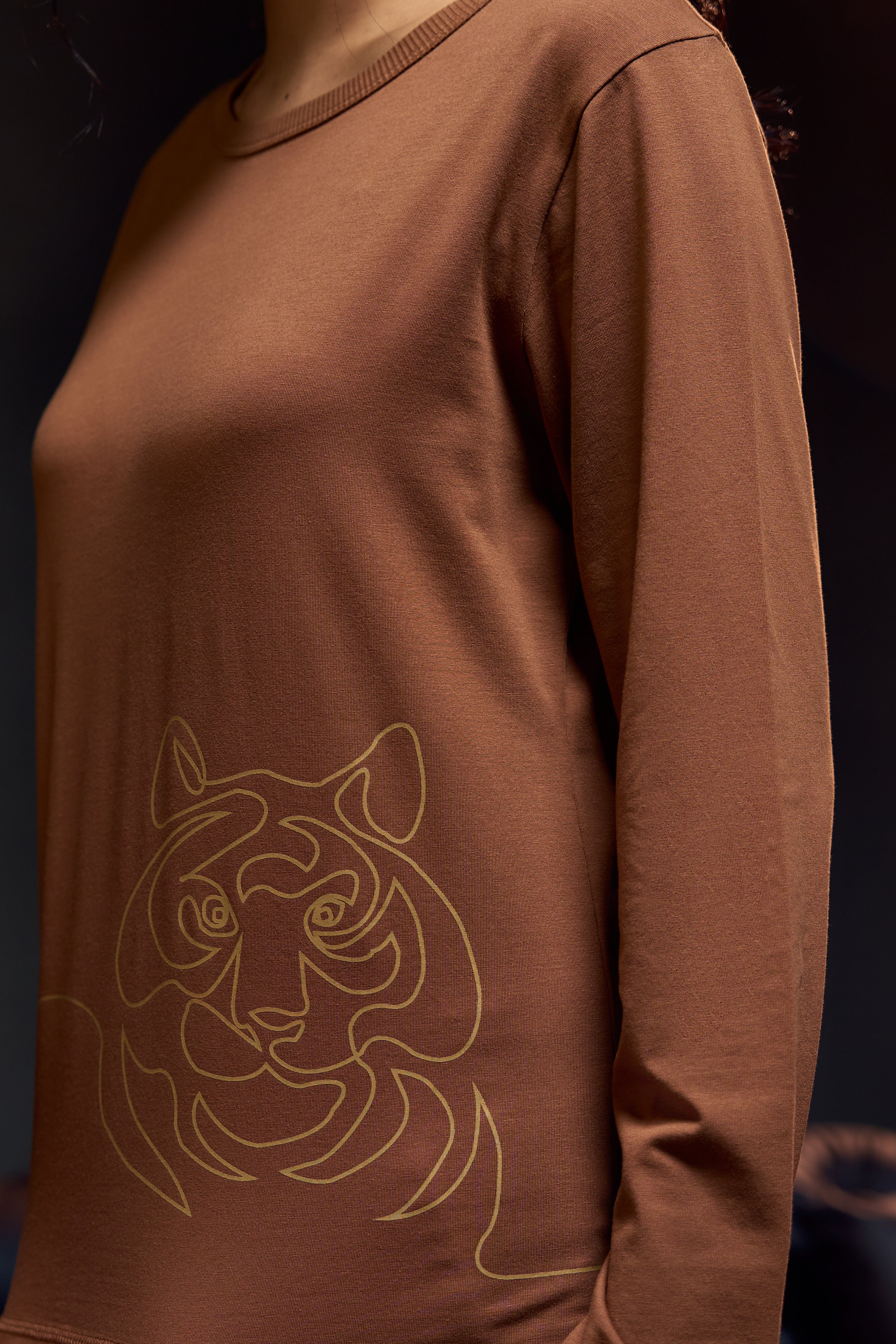 Crouching Tiger - Full Sleeves Women's Tee in Bark Brown