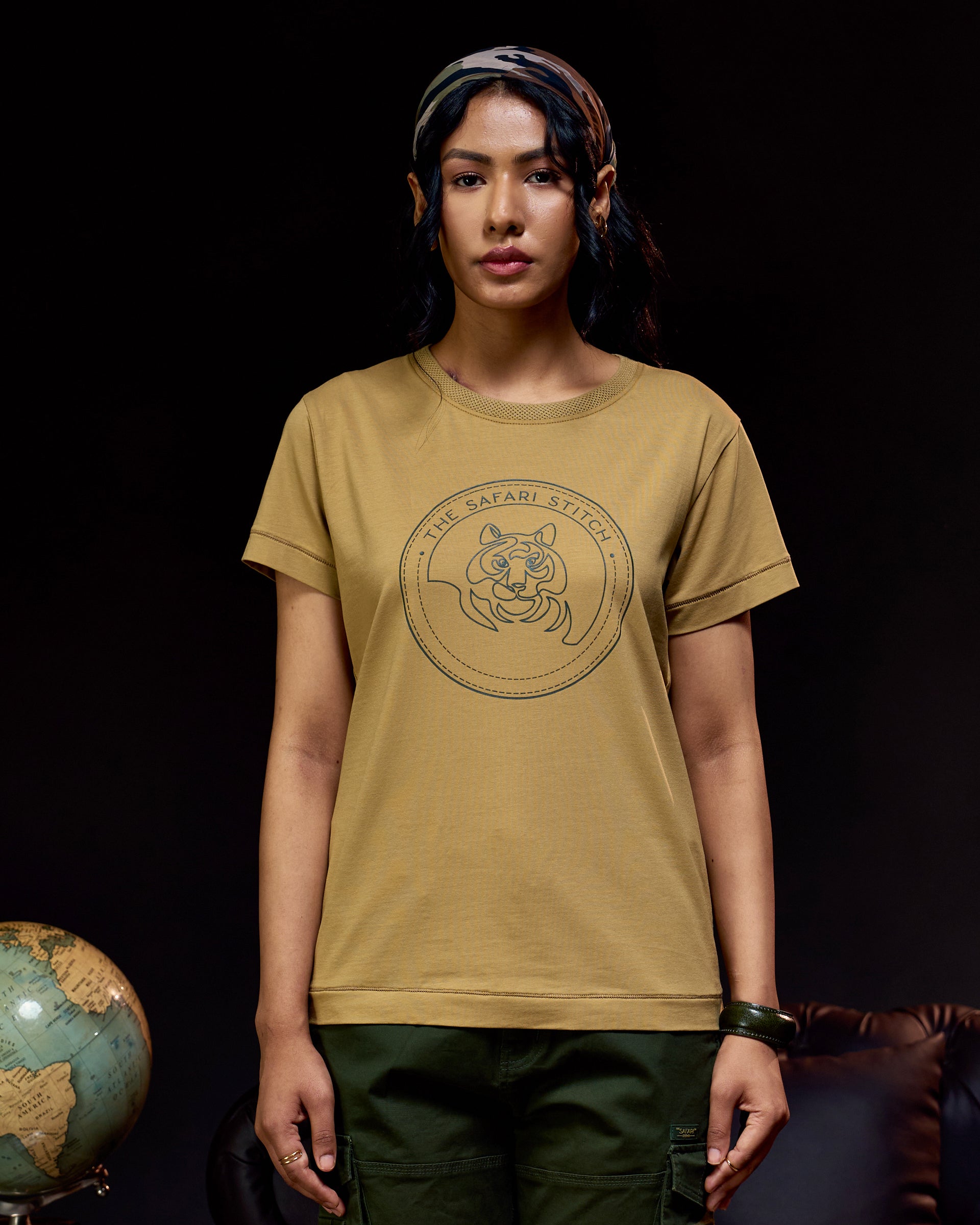 Gazing Tiger - Women's Safari Tee in Jungle Khaki