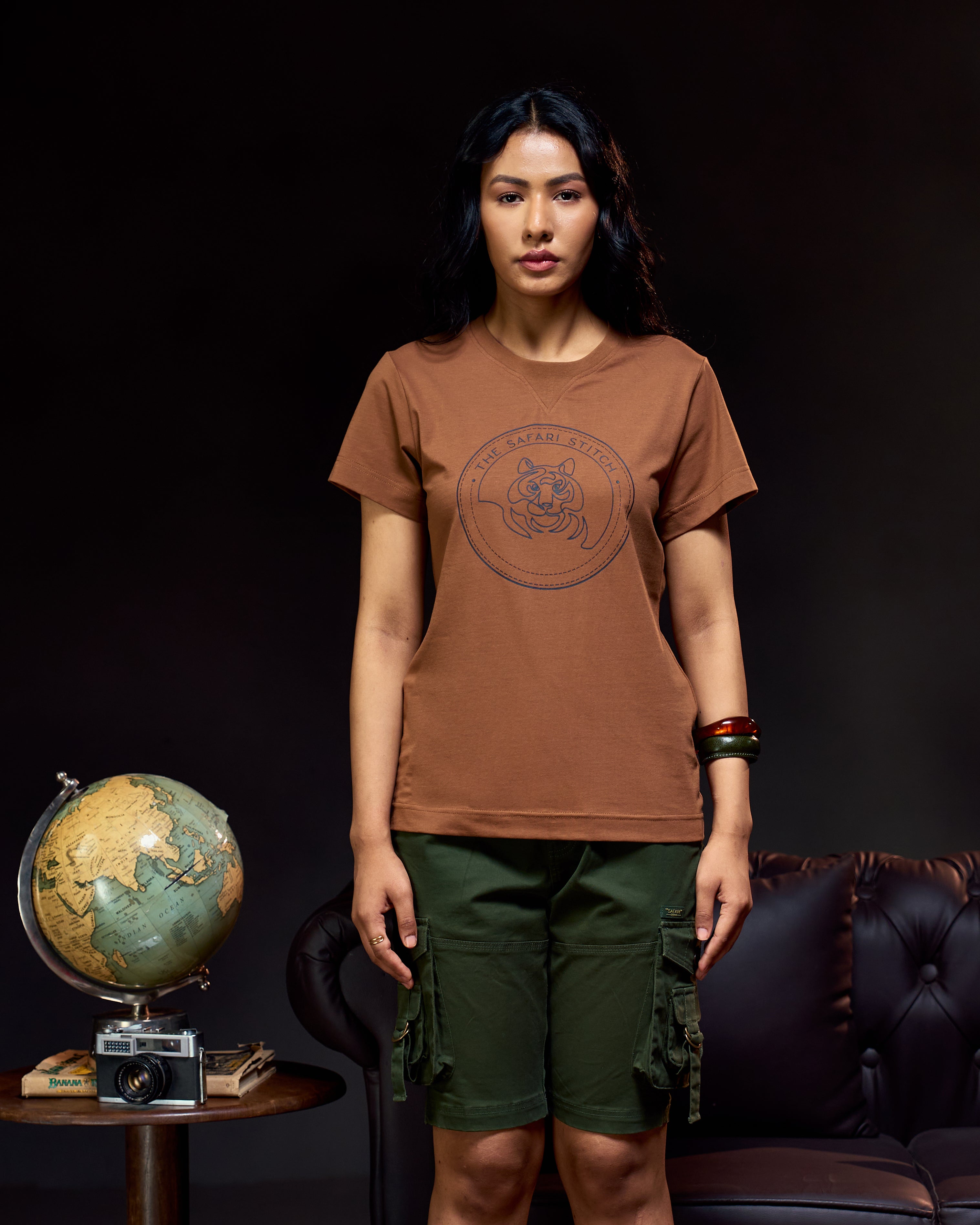 Gazing Tiger - Ribbed Neck Women's Tee in Bark Brown