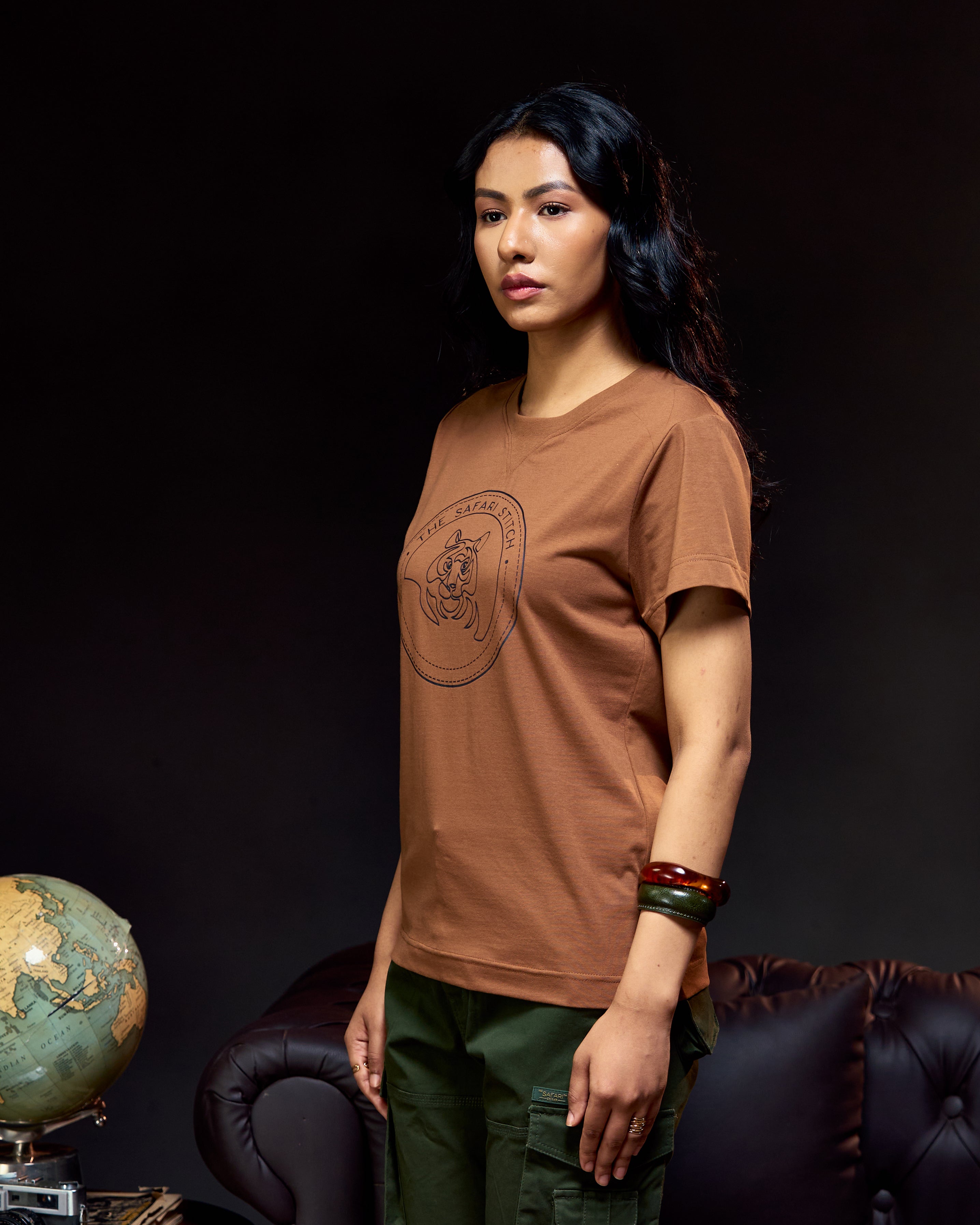 Gazing Tiger - Ribbed Neck Women's Tee in Bark Brown