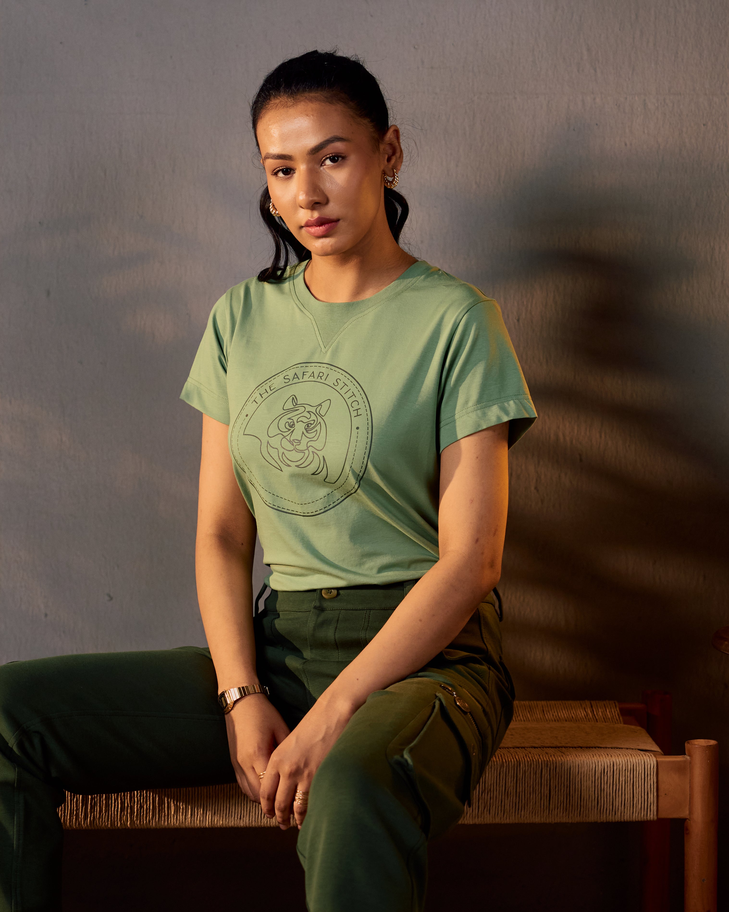 Gazing Tiger - Ribbed Neck Women's Tee in Sal Green