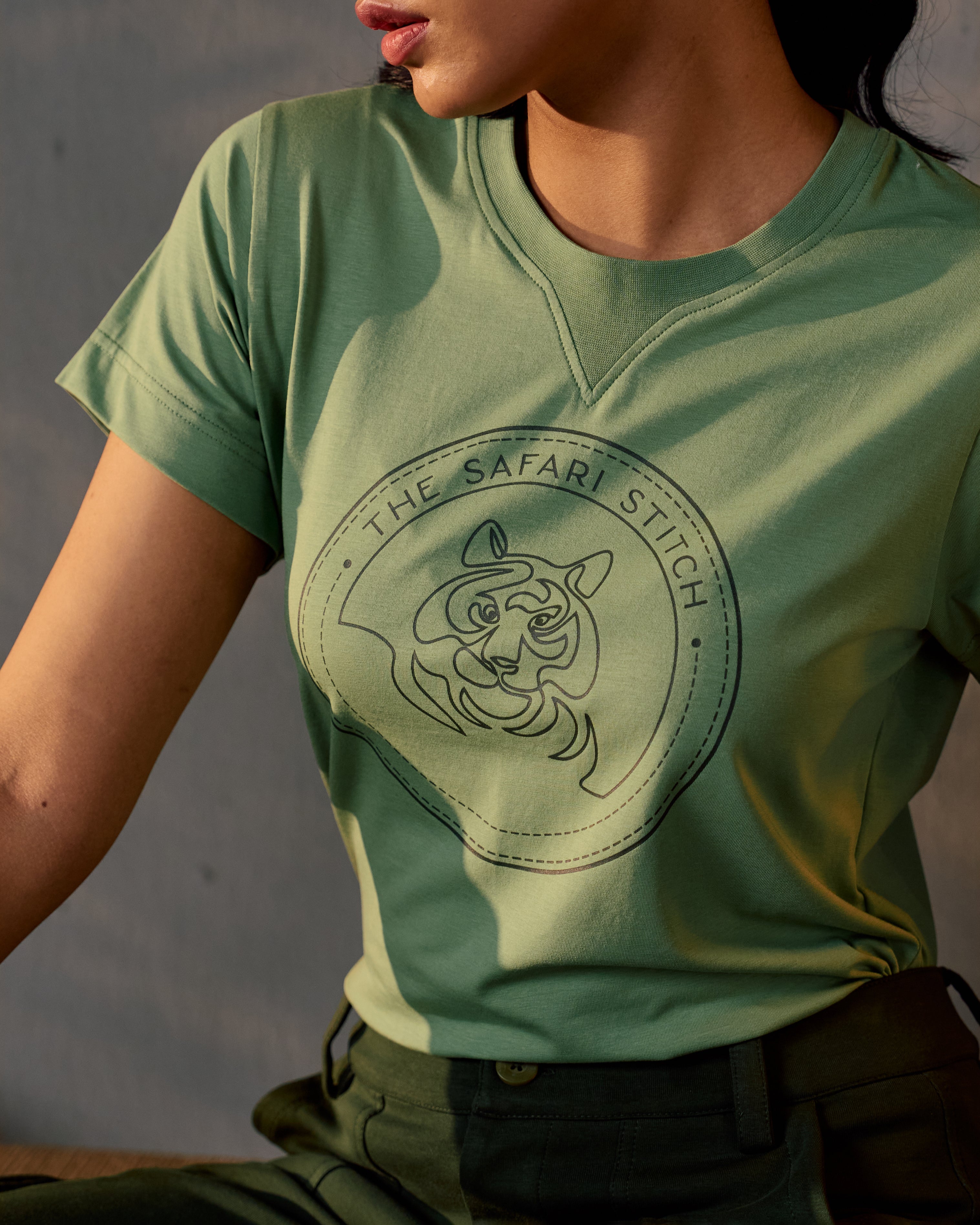 Gazing Tiger - Ribbed Neck Women's Tee in Sal Green