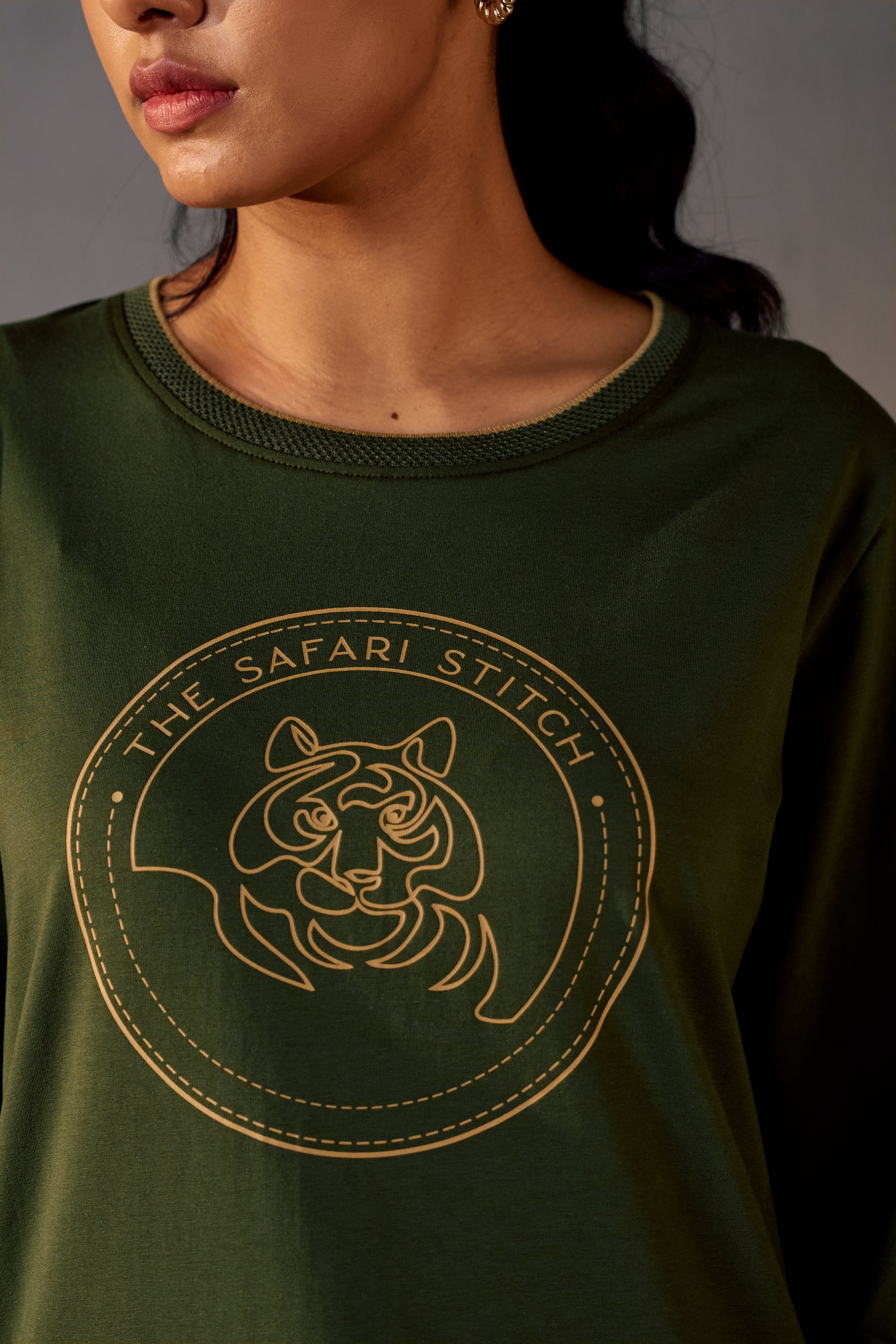 Gazing Tiger  - Full Sleeves Women's Safari Tee in Kombu Green