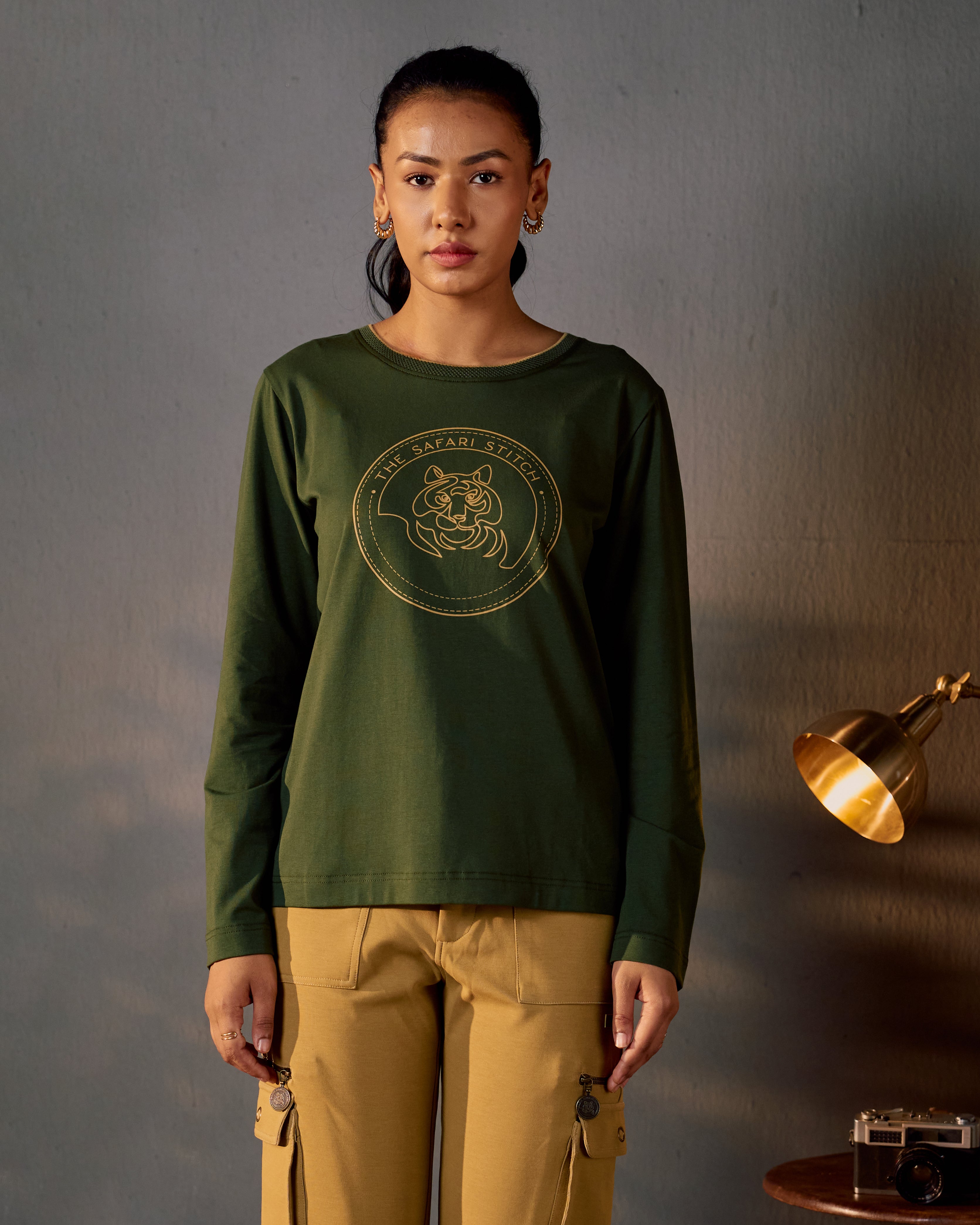 Gazing Tiger  - Full Sleeves Women's Safari Tee in Kombu Green