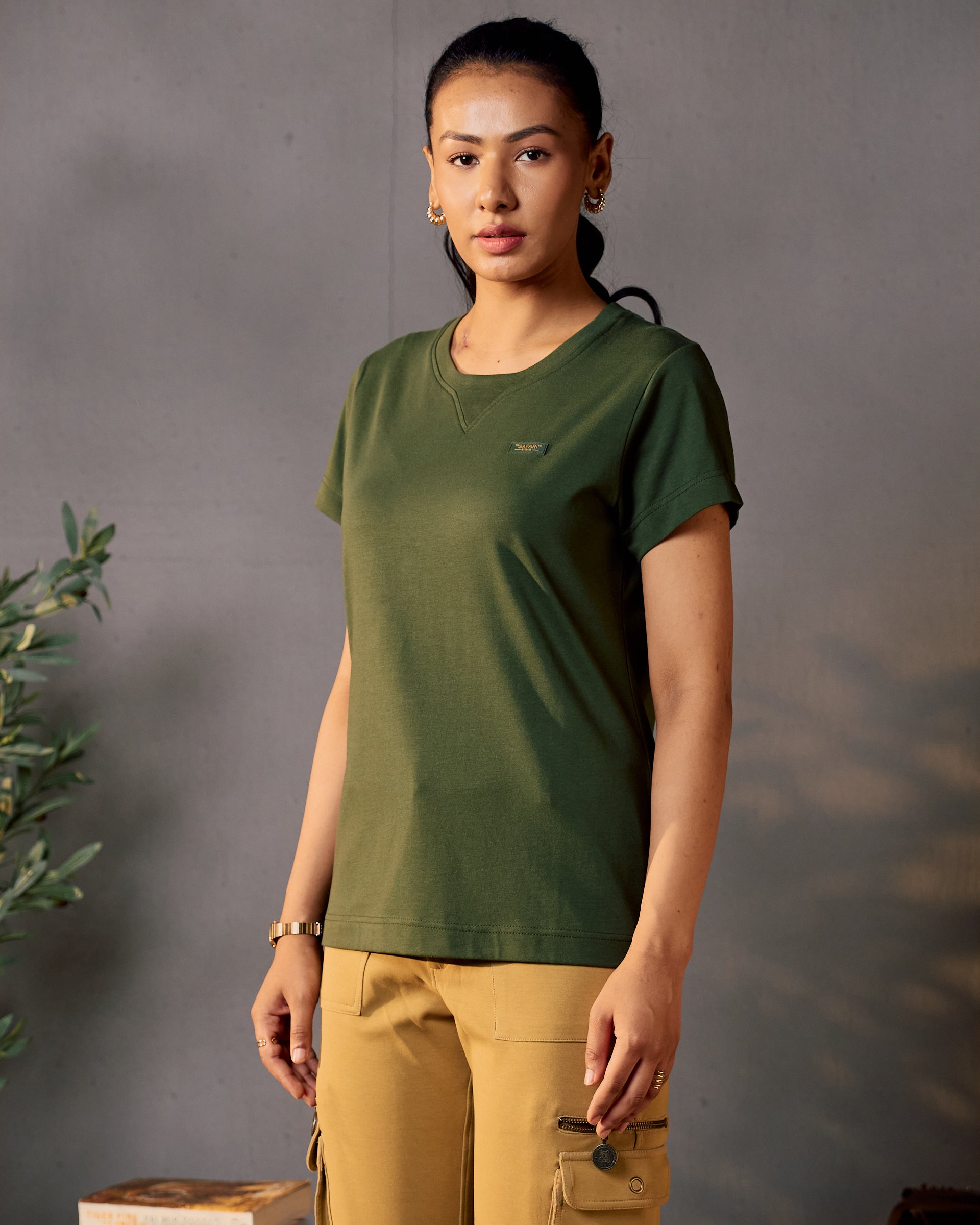 Gazing Tiger - Ribbed Neck Women's Tee in Kombu Green