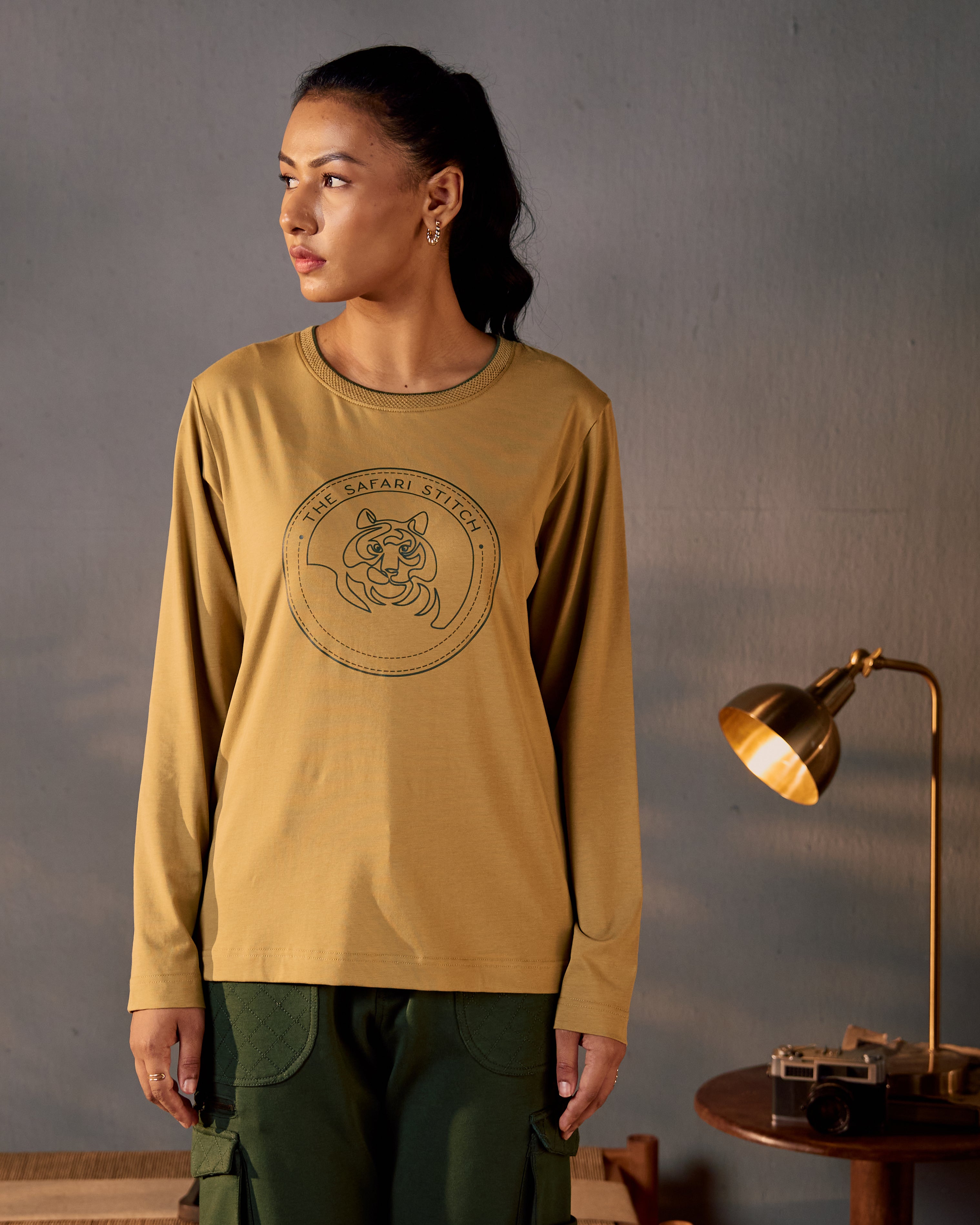 Gazing Tiger - Full Sleeves Women's Safari Tee in Jungle Khaki