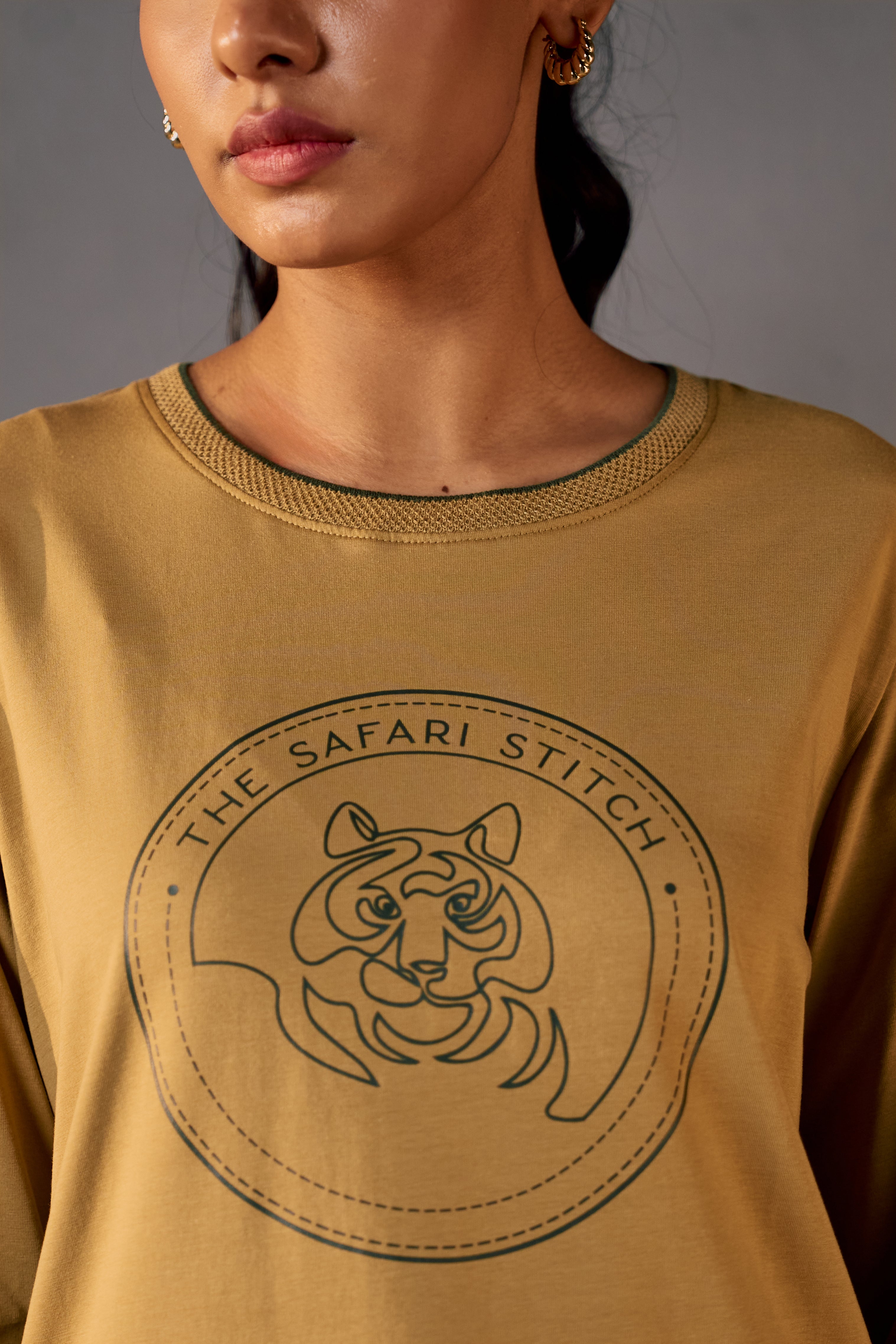 Gazing Tiger - Full Sleeves Women's Safari Tee in Jungle Khaki